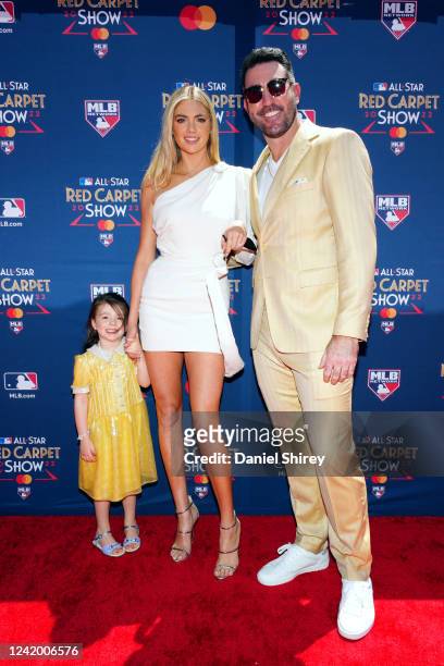 Justin Verlander of the Houston Astros and wife Kate Upton pose for a photo with their daughter during the All-Star Red Carpet Show at L.A. Live on...