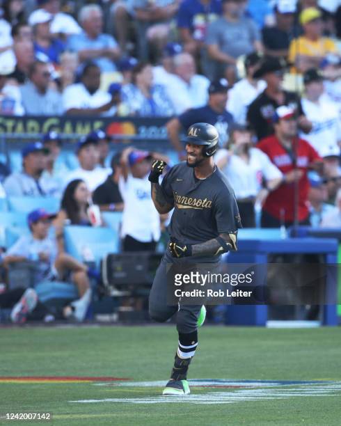 Byron Buxton of the Minnesota Twins reacts after hitting a home run in the fourth inning during the 92nd MLB All-Star Game presented by Mastercard at...