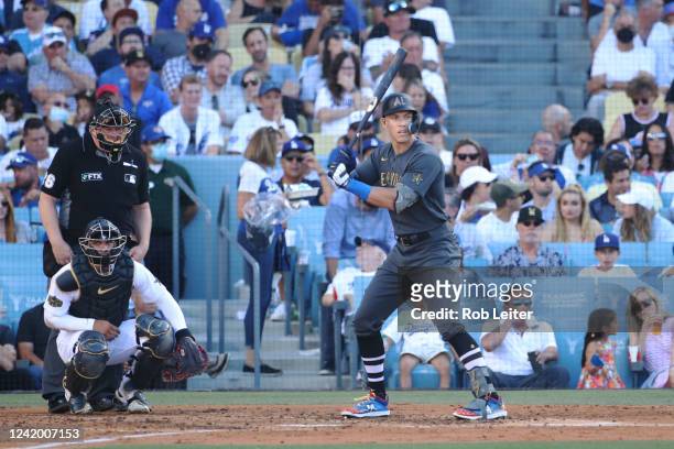 Aaron Judge of the New York Yankees bats in the third inning during the 92nd MLB All-Star Game presented by Mastercard at Dodger Stadium on Tuesday,...