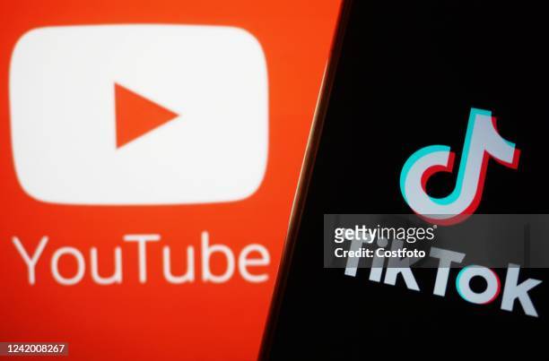 The logo of TikTok and YouTube, Hangzhou, Zhejiang Province, China, July 20, 2022. TikTok, a social platform owned by ByteDance, spent an average of...