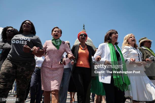 Multiple Democratic lawmakers take part of a demonstration at an abortion rights rally outside Capitol Hill, less than one month after the Supreme...