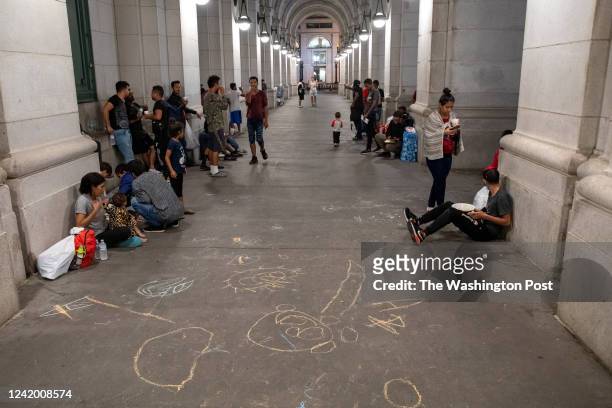 Chalk drawings done by migrant children after arriving at Union Station in Washington, D.C. On July 12 following a bus ride that originated in Texas.