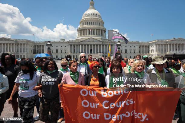 Multiple Democratic lawmakers take part of a demonstration at an abortion rights rally outside Capitol Hill, less than one month after the Supreme...