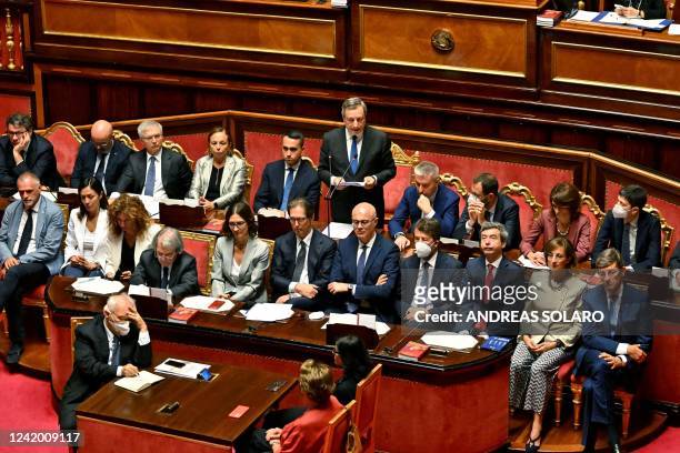 Italy's Prime Minister Mario Draghi addresses senators on the government crisis following his resignations last week, at the Senate in Rome on July...