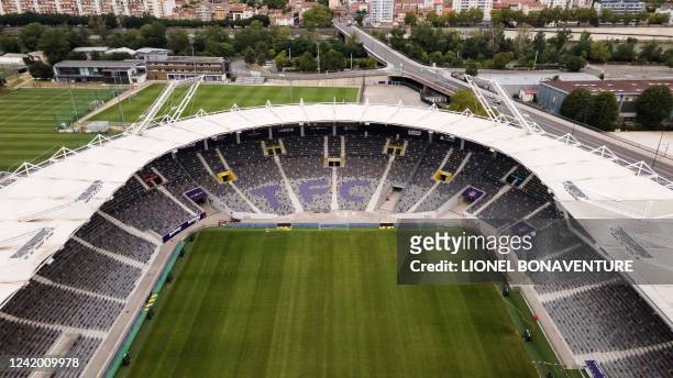 An aerial picture taken on July 20, 2022 shows a view of the Stadium TFC of Toulouse, southern France.