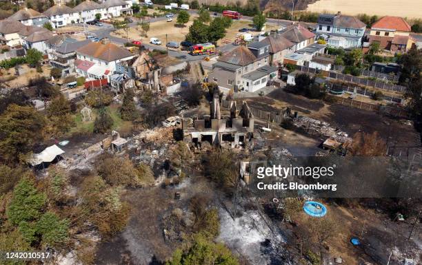 Burnt houses destroyed following a major fire in Wennington, Greater London,, UK, on Wednesday, July 20, 2022. Fires broke out across London and the...