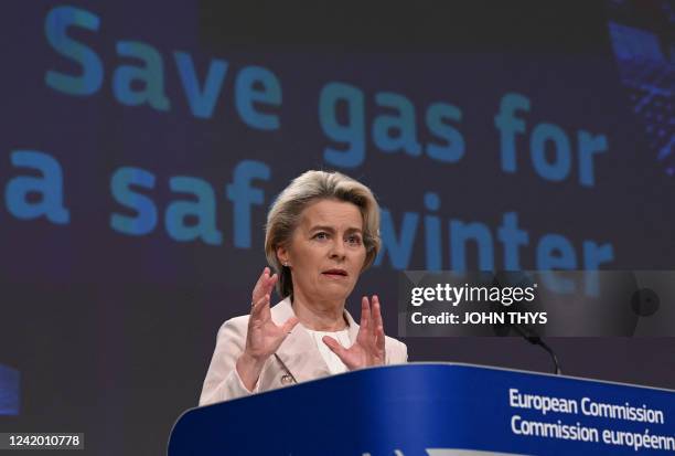 European Commission President Ursula von der Leyen speaks during a press conference after the College meeting on the 'Save gas for a safe winter'...