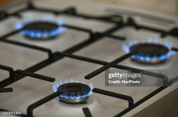 Natural gas burners on a natural-gas-burning stove. On Wednesday, July 20 in Rzeszow, Subcarpathian Voivodeship, Poland.