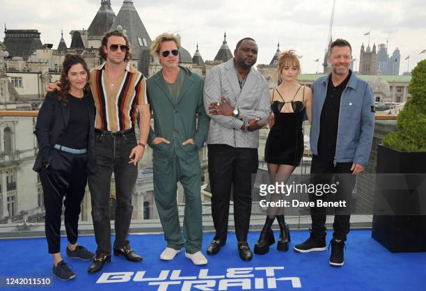 Kelly McCormick, Aaron Taylor-Johnson, Brad Pitt, Brian Tyree Henry, Joey King and David Leitch attend the "Bullet Train" photocall at Corinthia...