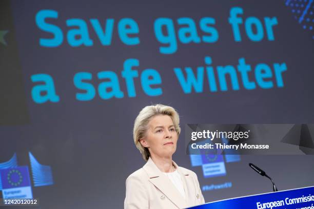 President of the European Commission Ursula von der Leyen is talking to media about: 'Commission proposes gas demand reduction plan to prepare EU for...