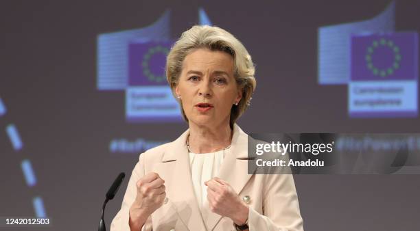 President of the European Commission Ursula von der Leyen makes statements during a joint press conference on the "save gas for safe winter" package...