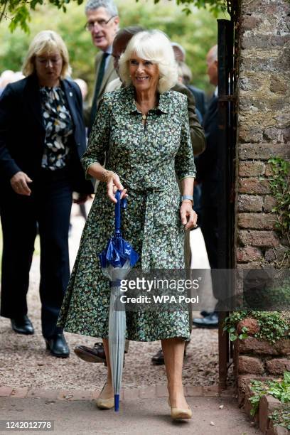 Camilla, Duchess of Cornwall visits Cockington Court, a centre of creativity which is operated by Torbay Coast and Countryside Trust on July 20, 2022...
