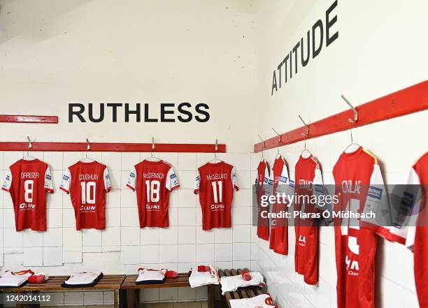 Dublin , Ireland - 20 July 2022; Jerseys of St Patrick's Athletic players in their dressing room the day before the UEFA Europa Conference League...