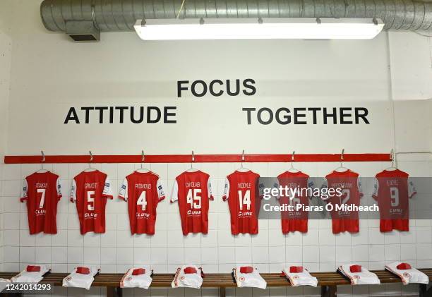 Dublin , Ireland - 20 July 2022; Jerseys of St Patrick's Athletic players in their dressing room the day before the UEFA Europa Conference League...