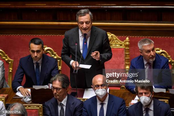 Italian Prime Minister Mario Draghi delivers his speech to the Italian Senate, on July 20, 2022 in Rome, Italy. Italian Prime Minister Mario Draghi...