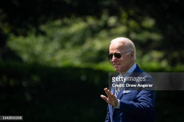 President Joe Biden waves as he walks to Marine One on the South Lawn of the White House July 20, 2022 in Washington, DC. Biden is traveling to...