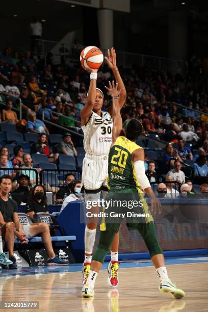 Azurá Stevens of the Chicago Sky shoots a three point basket during the game against the Seattle Storm on July 20, 2022 at the Wintrust Arena in...