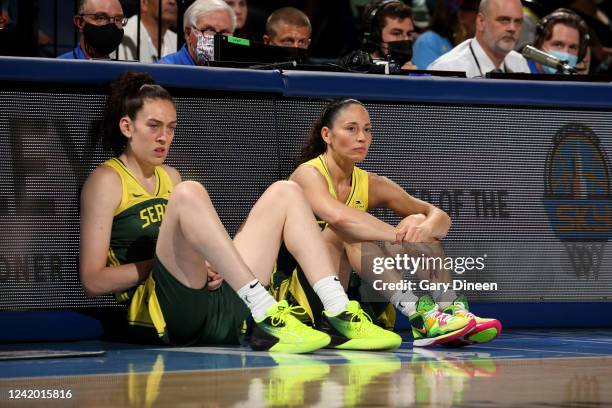 Breanna Stewart of the Seattle Storm and Sue Bird of the Seattle Storm look on during the game against the Chicago Sky on July 20, 2022 at the...