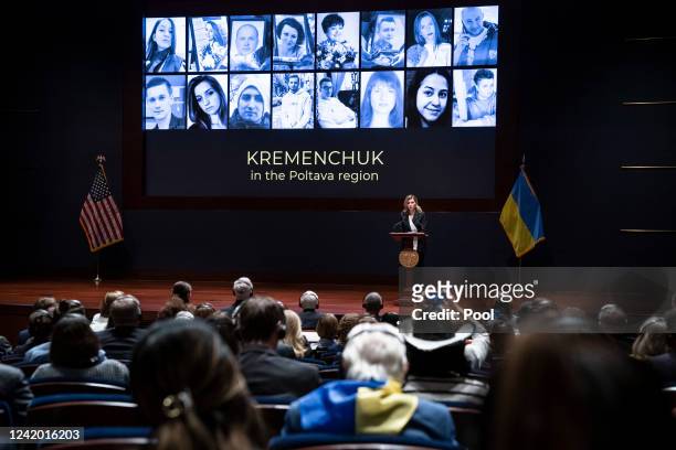 Ukrainian first lady Olena Zelenska delivers remarks in an address to members of Congress in the Visitors Center Auditorium at the U.S. Capitol on...
