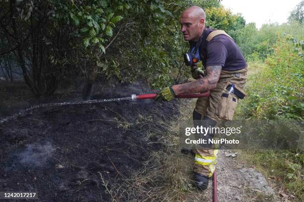 Firefighters tackle a grass fire during the heatwave in Sheffield on 20 July 2022.