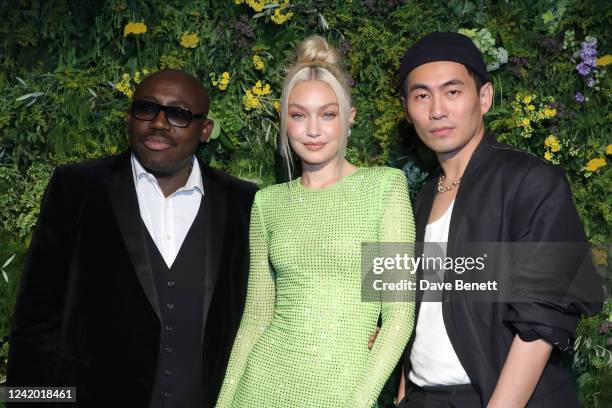 Editor-In-Chief of British Vogue Edward Enninful, Gigi Hadid and Han Chong attend the British Vogue X Self-Portrait Summer Party at Chiltern...