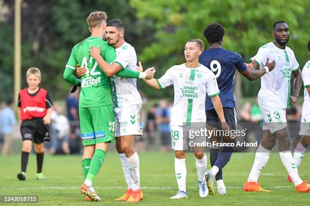 Anthony BRIANCON of Saint Etienne, Etienne GREEN of Saint Etienne and Maxence RIVERA of Saint Etienne during the Friendly match between Saint Etienne...