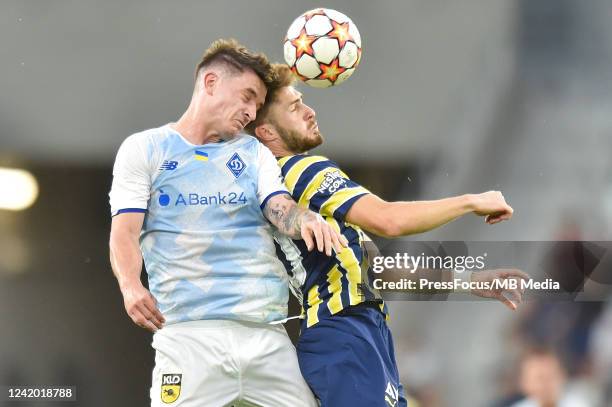 Benjamin Verbic of Dynamo and Serdar Aziz of Fenerbahce in action during the UEFA Champions League Second Qualifying Round First Leg match between...