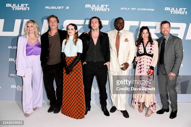 Brad Pitt, Joey King, Aaron Taylor-Johnson, Brian Tyree Henry, Kelly McCormick and David Leitch attend the UK Gala Screening of "Bullet Train" at...