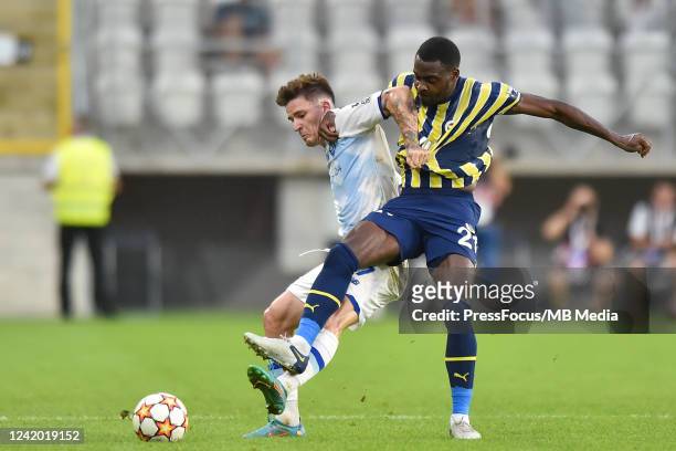 Benjamin Verbic of Dynamo and Bright Osayi-Samuel of Fenerbahce compete for the ball during the UEFA Champions League Second Qualifying Round First...