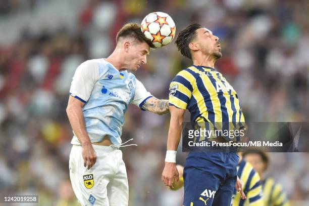 Benjamin Verbic of Dynamo and Irfan Can Kahveci of Fenerbahce compete for the ball during the UEFA Champions League Second Qualifying Round First Leg...