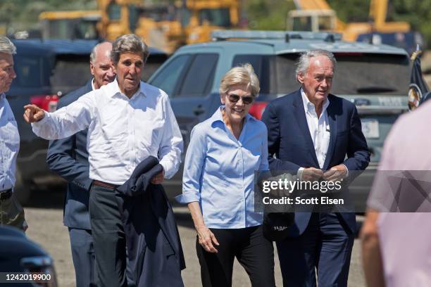 Special presidential envoy for climate John Kerry, Sen. Elizabeth Warren and Sen. Ed Markey arrive at Brayton Point Power Station to hear remarks...