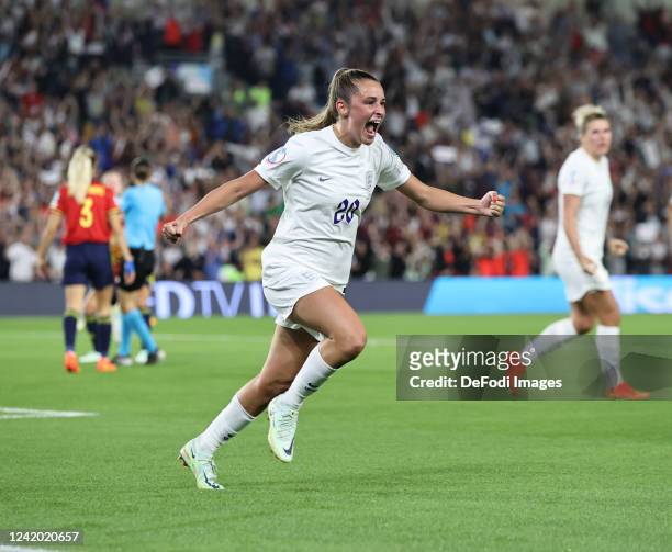 Ella Toone of England celebrates after scoring her team's first goal during the UEFA Women's Euro England 2022 Quarter Final match between England...