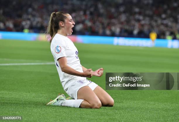 Ella Toone of England celebrates after scoring her team's first goal during the UEFA Women's Euro England 2022 Quarter Final match between England...