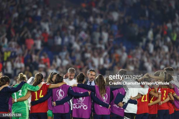 Spain head coach Jorge Villa speaks with his team after they lose and crash out of the competition during the UEFA Women's Euro England 2022 Quarter...