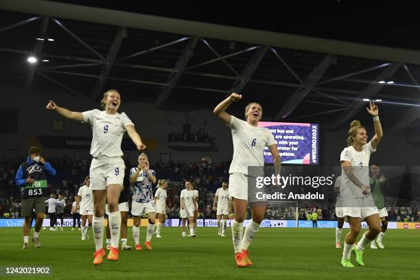 England players celebrate victory after the UEFA Women's Euro England 2022 Quarter Final match between England and Spain at Brighton & Hove Community...