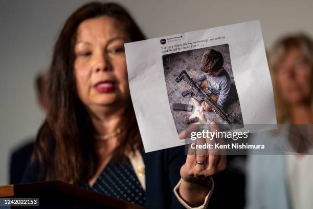 Sen. Tammy Duckworth holds up an advertisement from Daniel Defense while talking to reporters following a hearing about the mass shooting in Highland...