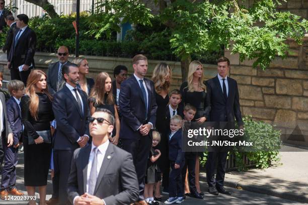 Kimberly Guilfoyle, Donald Trump, Jr., Eric Trump, Ivanka Trump and Jared Kushner are seen at the funeral of Ivana Trump on July 20, 2022 in New York...