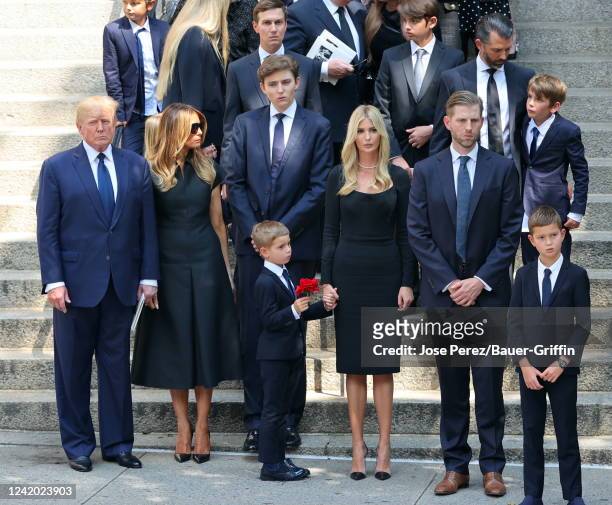 Donald Trump, Melania Trump, Barron Trump, Jared Kushner, Ivanka Trump, Donald Trump Jr. And Eric Trump are seen at the funeral of Ivana Trump on...