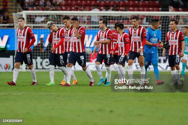 Players of Chivas react during the 4th round match between Chivas and Leon as part of the Torneo Apertura 2022 Liga MX at Akron Stadium on July 20,...