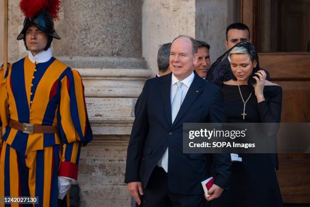 Prince Albert II and Princess Charlene leave the Apostolic Palace after the private audience with Pope Francis. Pope Francis receives Prince Albert...