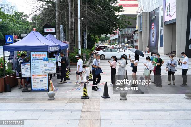 This photo taken on July 20, 2022 shows residents queueing to undergo nucleic acid tests for the Covid-19 coronavirus at a swab collection site in...