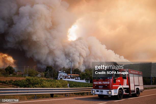 Large wildfire at the border of Miren and northeast Italy is seen from Rupa. Over a thousand firefighters with air support from a Croatian Canadair...