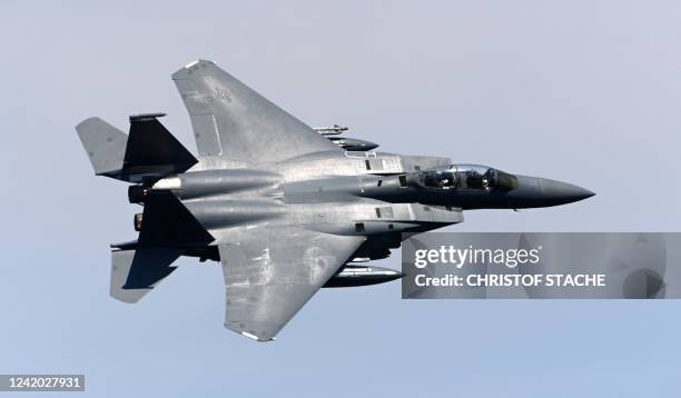 An F15 jet of the US Air Force flies during the 'Dynamic Front 22', the US Army led NATO and Partner integrated annual artillery exercise in Europe,...