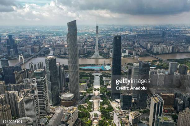 View of Canton Tower in Guangzhou, Guangdong Province of China on June 29, 2022. The main body of Canton tower is 454m high, the antenna pole is 146m...