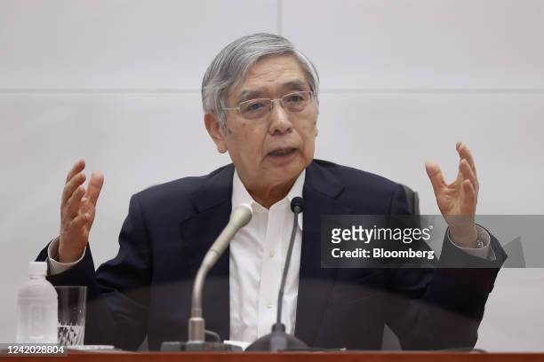 Haruhiko Kuroda, governor of the Bank of Japan , gestures during a news conference at the central bank's headquarters in Tokyo, Japan, on Thursday,...