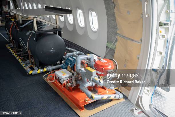 Flight testing equipment in the cabin of a Boeing 737 Max 10 airliner, the experimental variant of 737 that replaces the 737 Max, the model which...