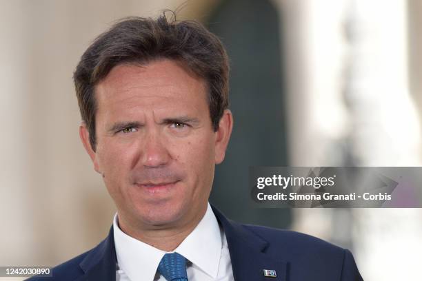 Forza Italia Deputy Alessandro Cattaneo in front of Montecitorio, seat of the Chamber of Deputies, on July 21, 2022 in Rome, Italy. Italian Prime...