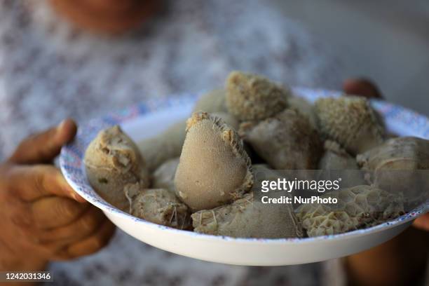 Palestinian mother prepares a cow tripe at her house in Beit Lahia in the northern Gaza Strip, on July 21, 2022.