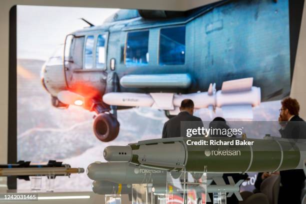 Corporate video being shown in front of missile and bomb exhibits by Roketsan during the Farnborough Airshow, on 20th July 2022, at Farnborough,...