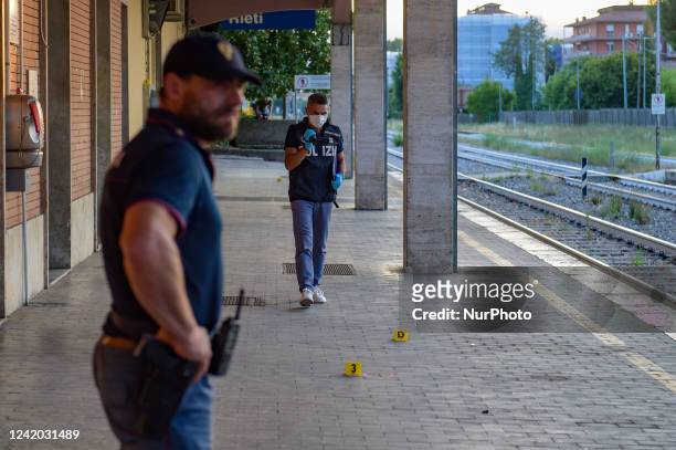 The State Police forensics team during investigations at the Rieti station where the drug-related assault took place. In Rieti, Italy, 20 July 2022.